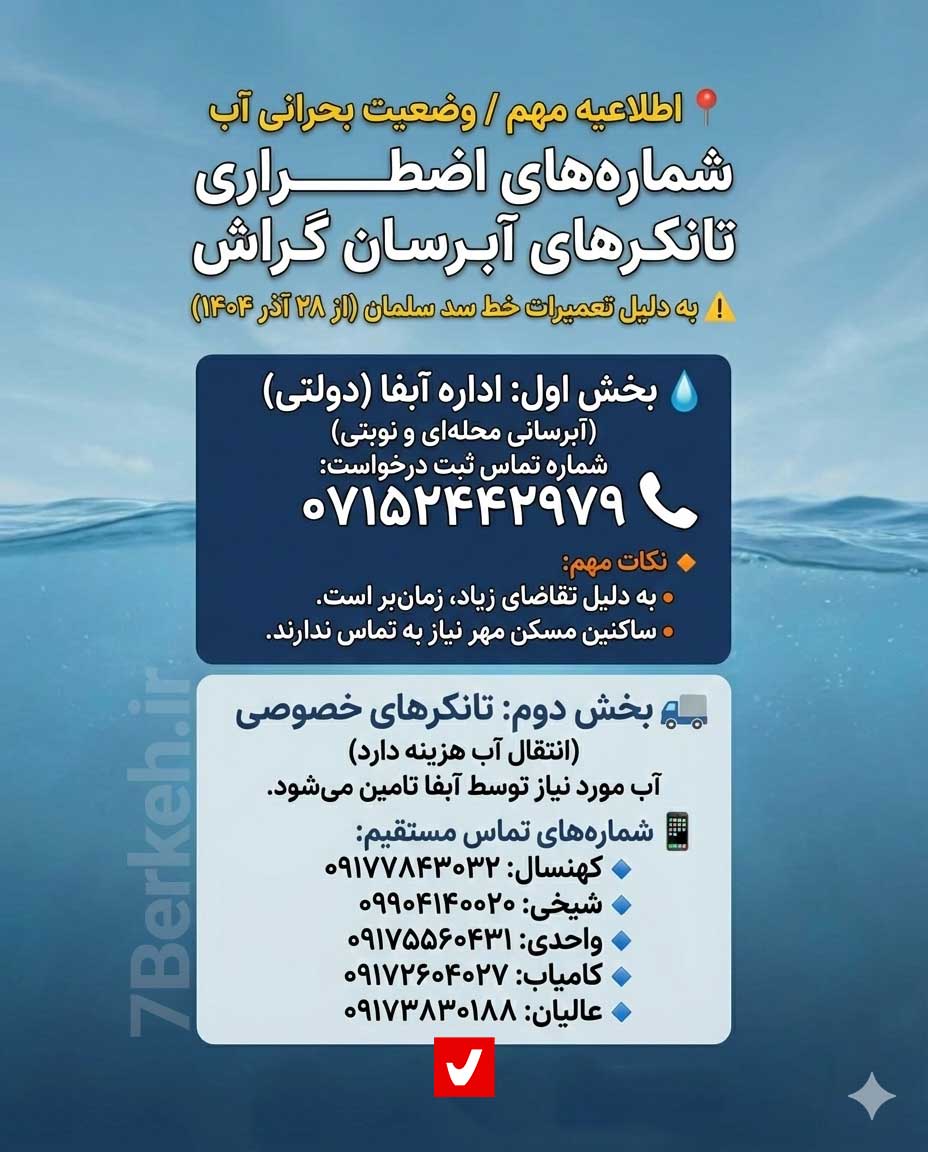 شماره تلفن تانکرهای آبرسانی شهر گراش