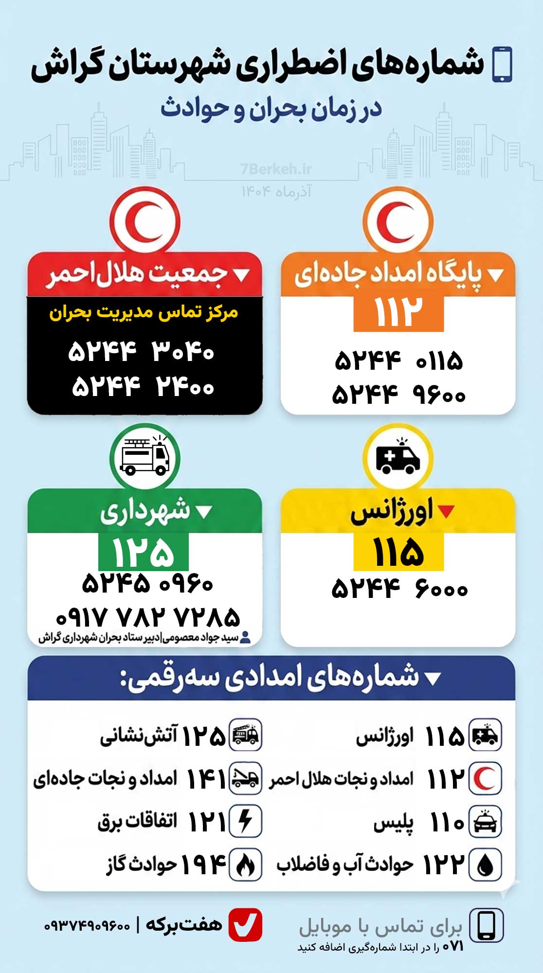 شماره‌های اضطراری گراش: هلال‌احمر، آتش‌نشانی، اورژانس